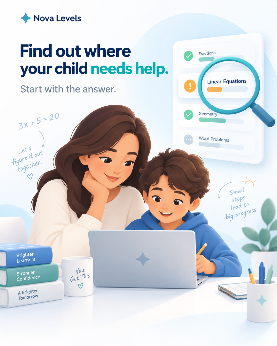A parent and child looking at a laptop together, finding out where their child needs help in math
